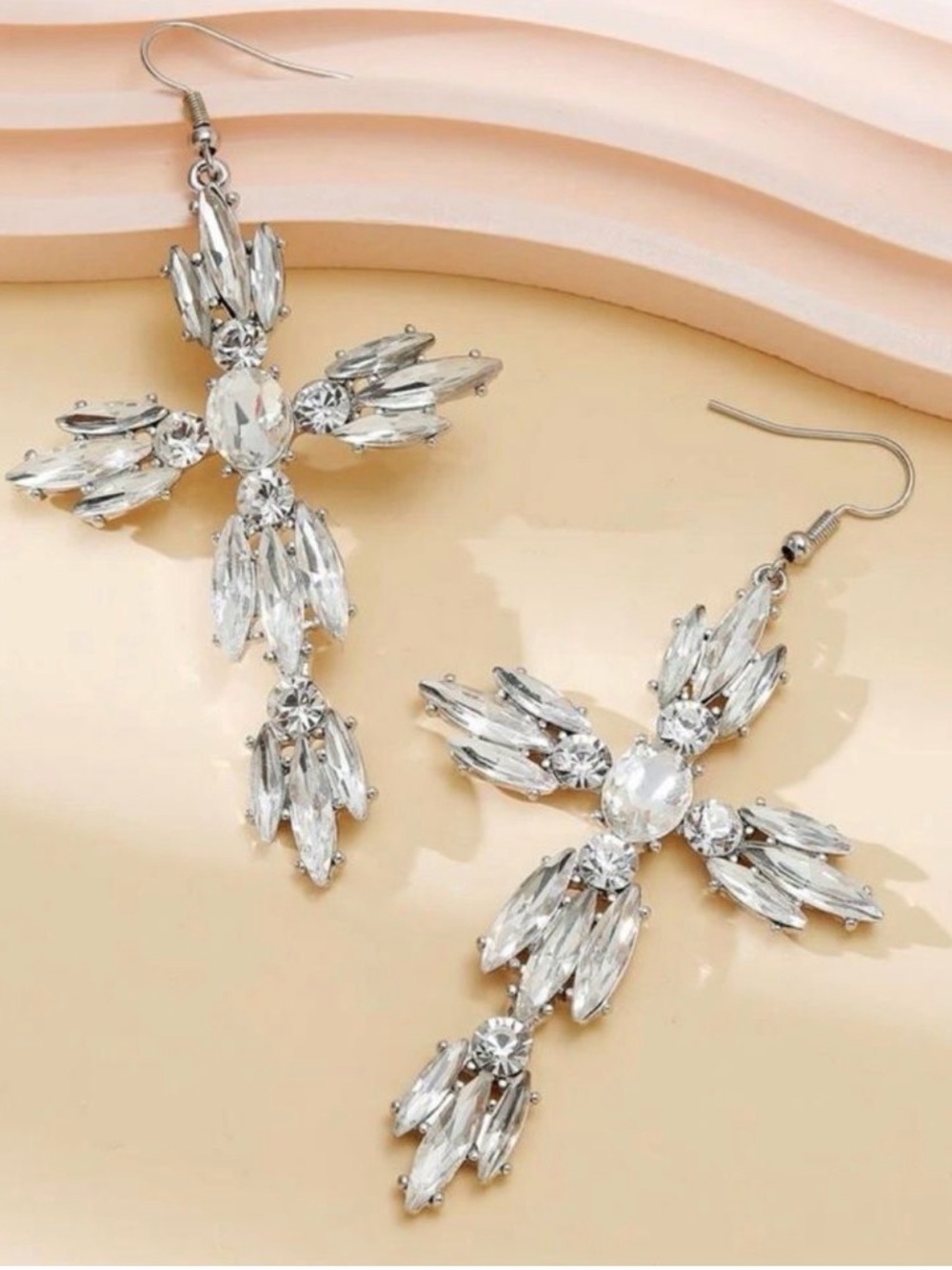 LARGE SILVER-TONE CRYSTAL CROSS STATEMENT DROP FASHION EARRINGS 🌟NWT🌟